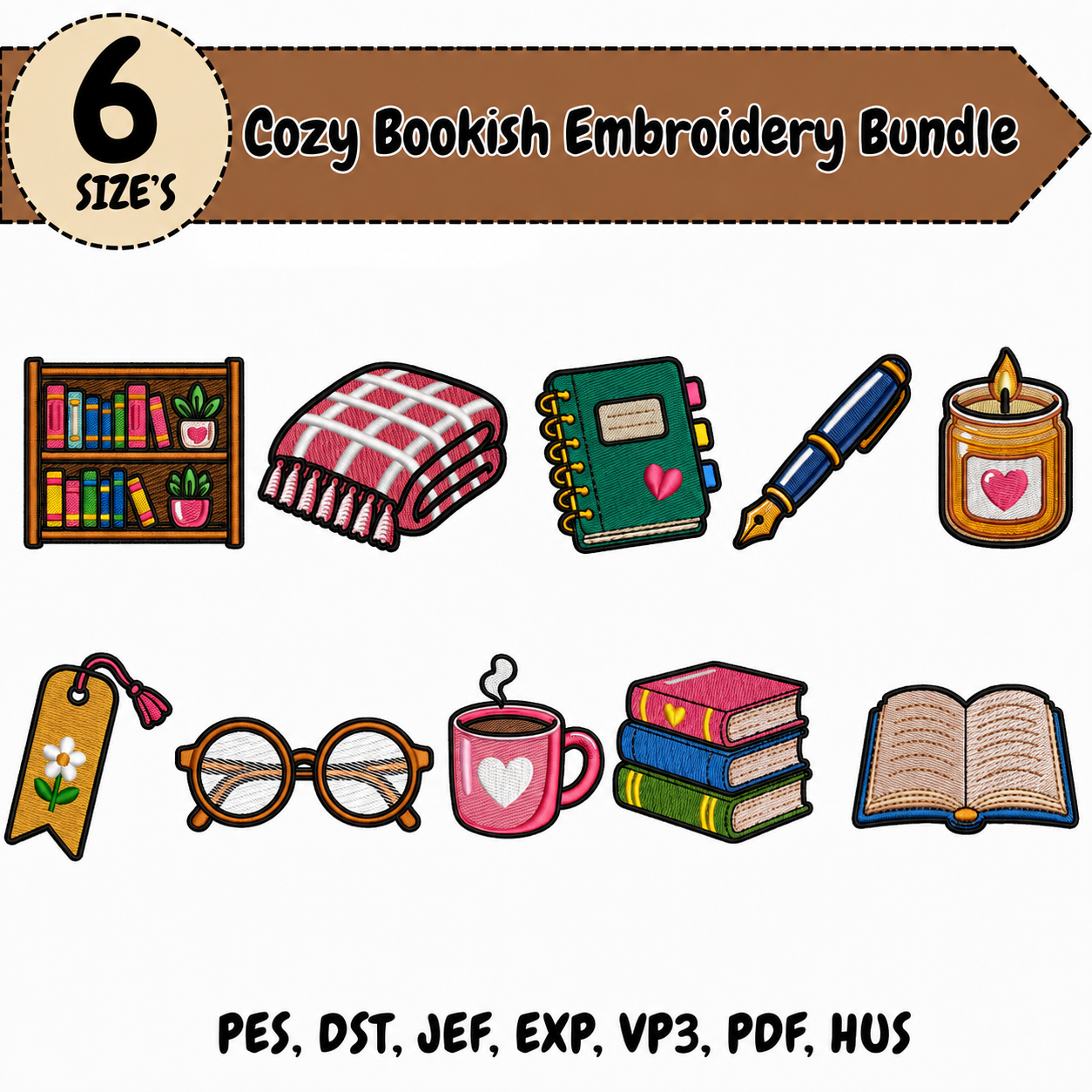 Cozy Bookish Embroidery Bundle – 10 Designs