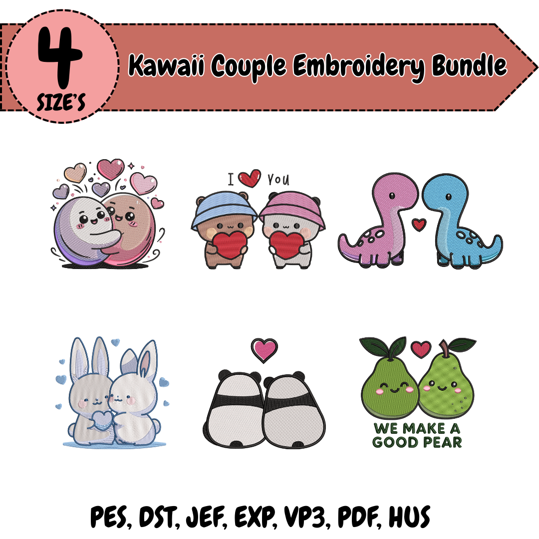 Kawaii Couple Embroidery Bundle – 6 Cute Designs – 4 Sizes