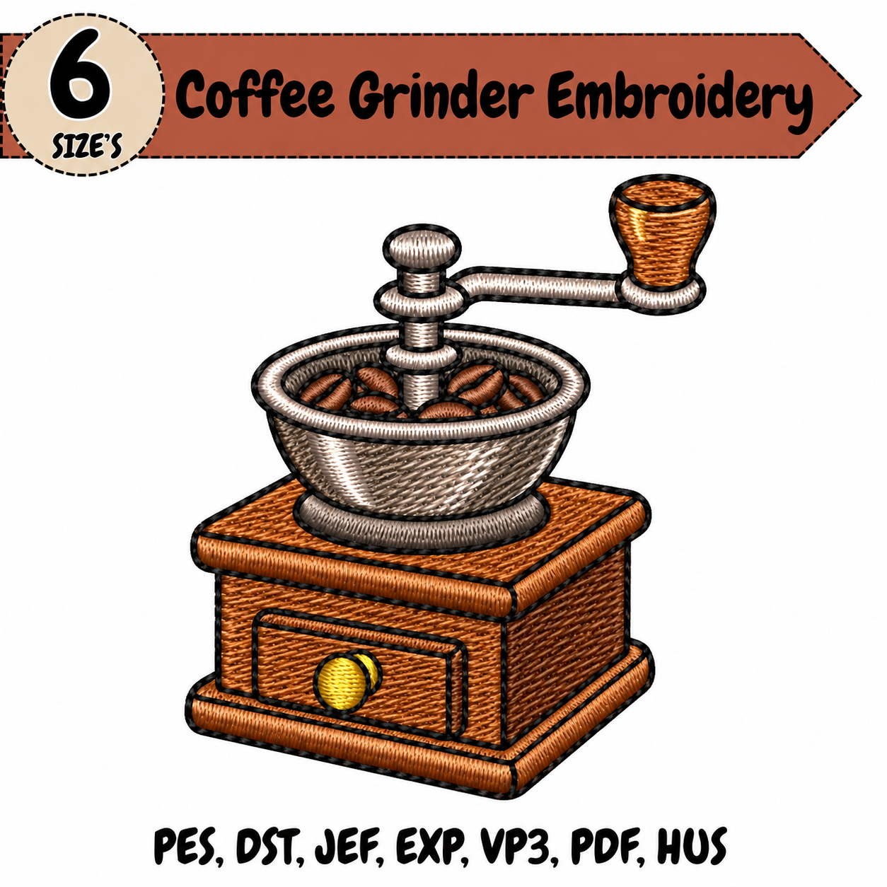 Coffee Grinder Embroidery Design – 6 Sizes