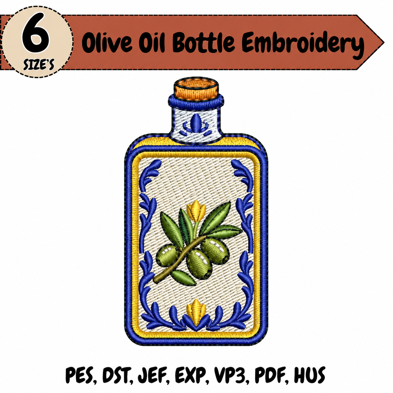 Olive Oil Bottle Embroidery Design – 6 Sizes