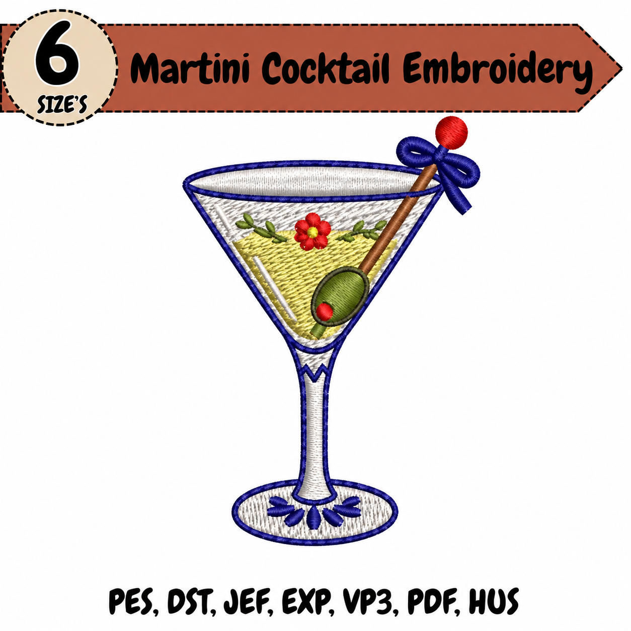 Martini Cocktail Embroidery Design – 6 Sizes