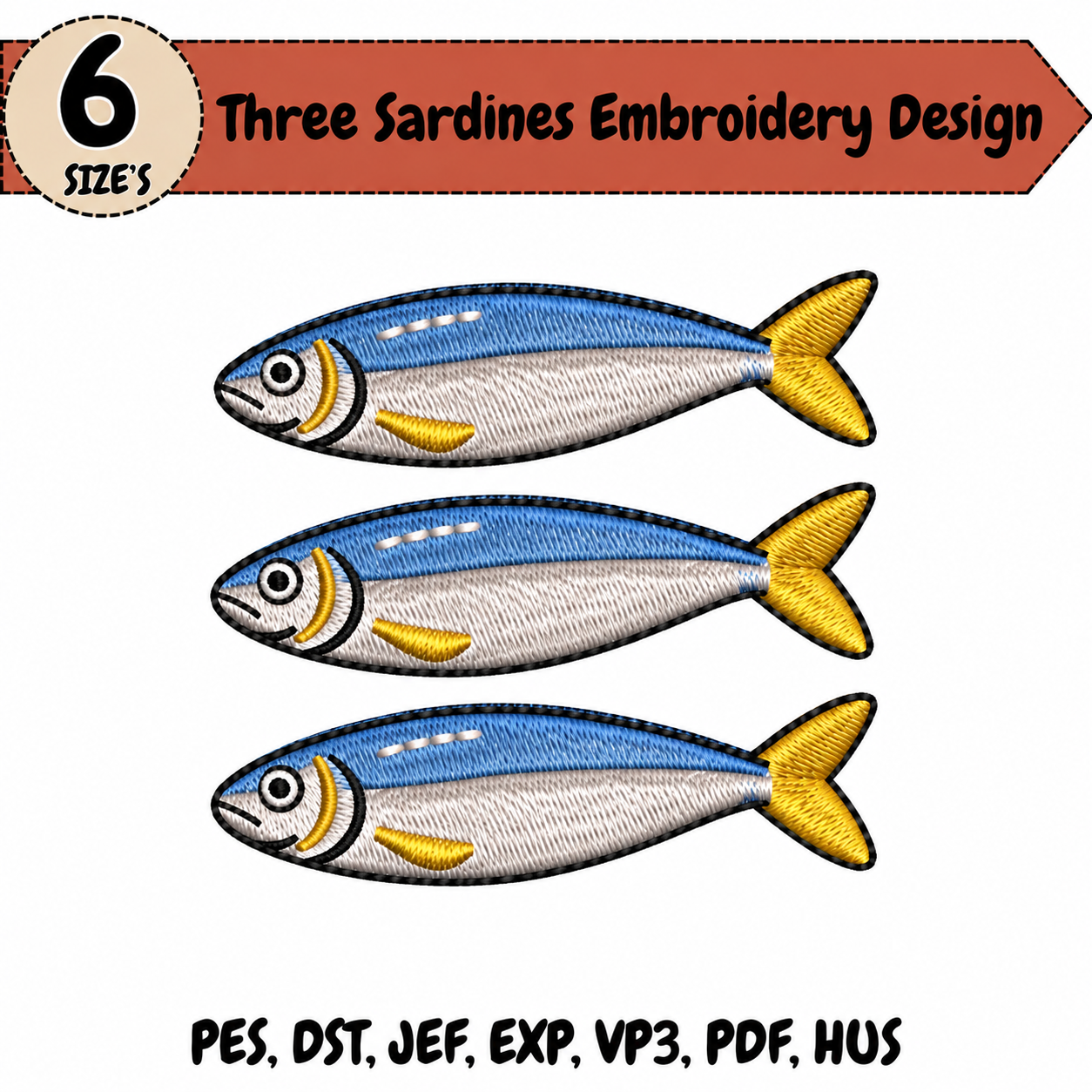 Three Sardines Embroidery Design – 6 Sizes