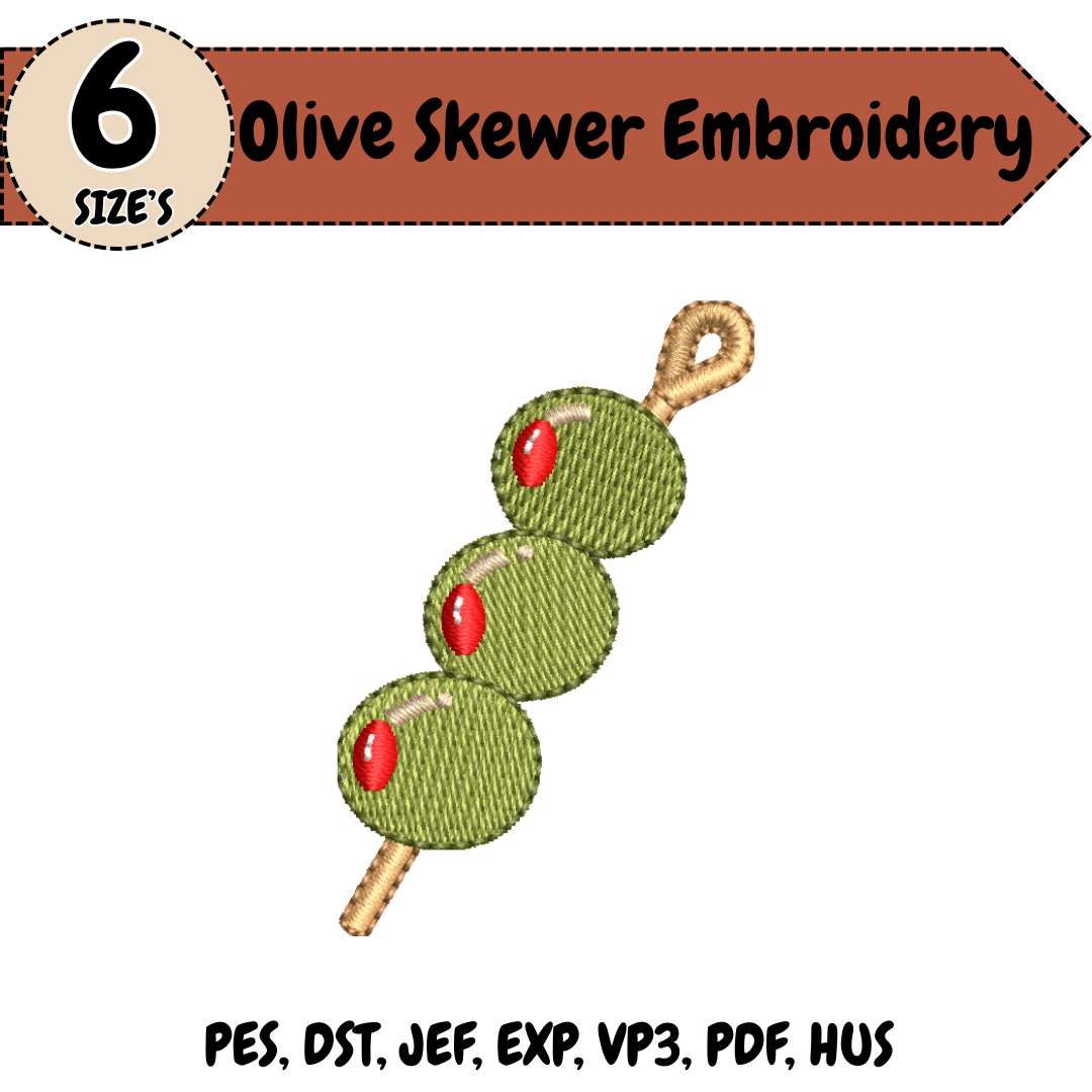 Olive Skewer Embroidery Design, Cute Green Olive Machine Stitch File, Mediterranean Food Design