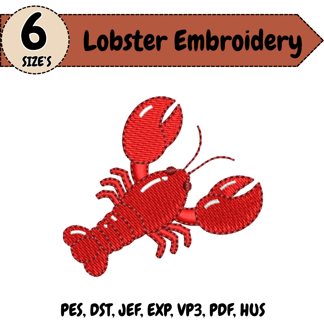 Lobster Embroidery Design, Cute Lobster Machine Stitch File, Seafood Coastal Kitchen Design