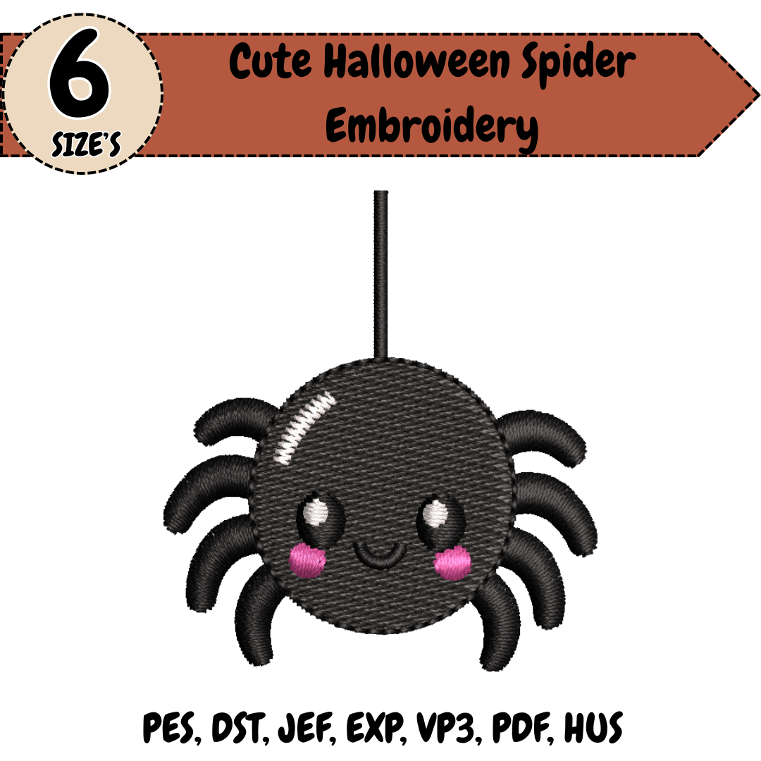 Cute Halloween Spider Embroidery Design, Kawaii Spider Machine Stitch File
