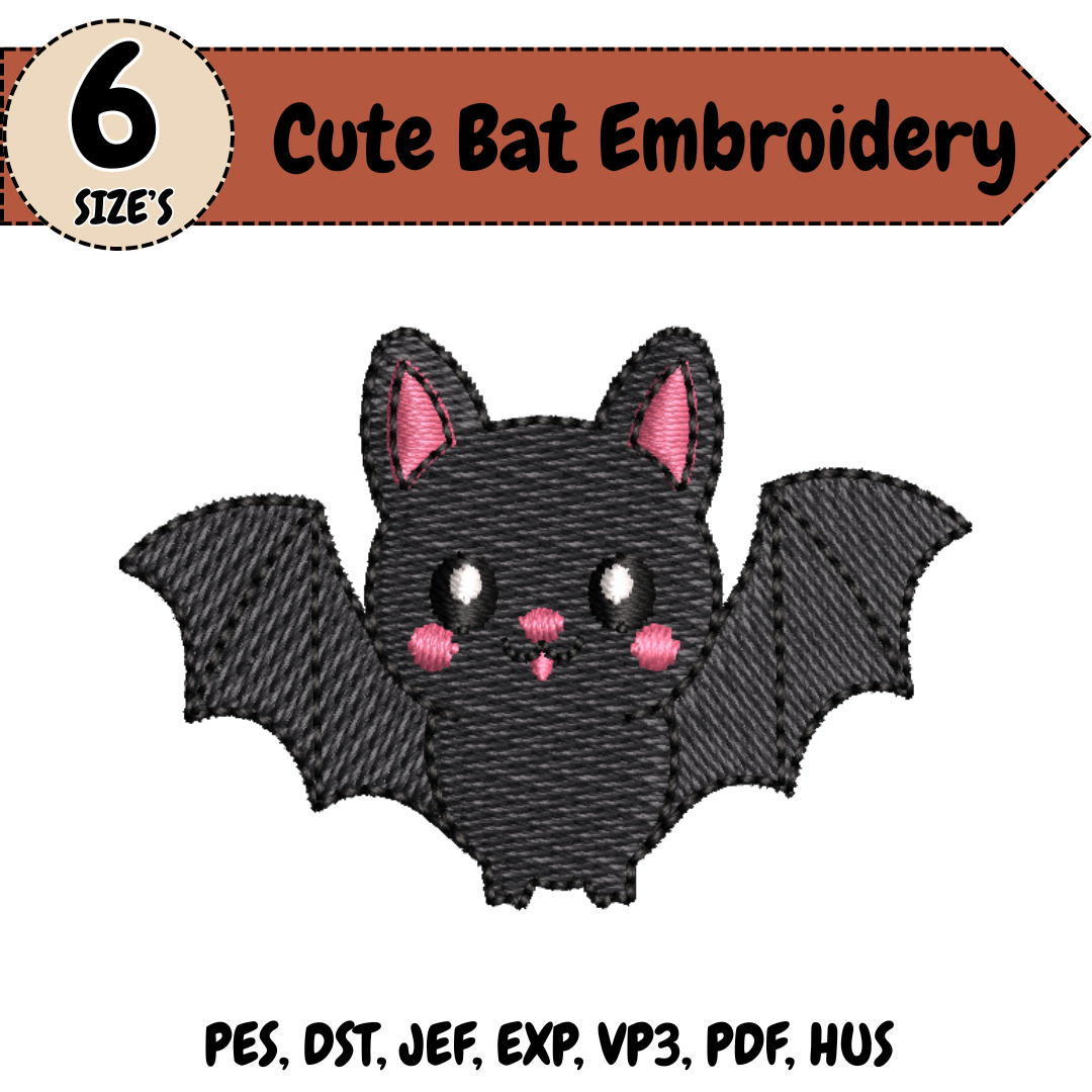 Cute Bat Embroidery Design, Halloween Kawaii Bat Machine Embroidery File