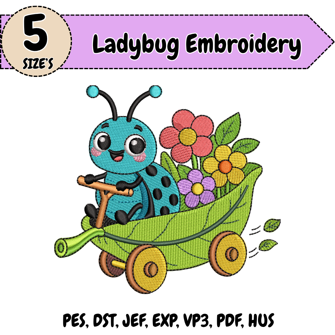 Ladybug Embroidery Design, Cute Bug Machine Embroidery File, Flower Garden Design