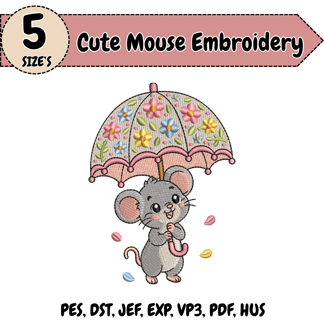 Cute Mouse Embroidery Design, Mouse Machine Stitch File, Floral Rainy Day Design
