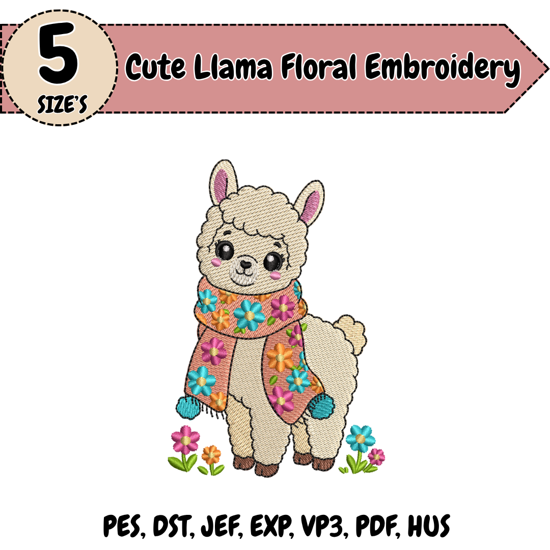 Llama Embroidery Design, Cute Llama Machine Embroidery File, Floral Animal Design