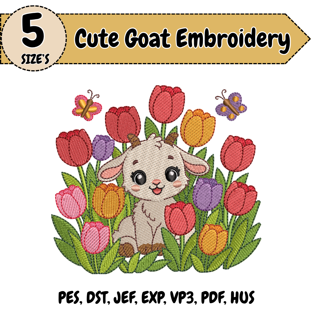 Goat Embroidery Design, Cute Goat Machine Embroidery File, Tulip Garden Animal Design