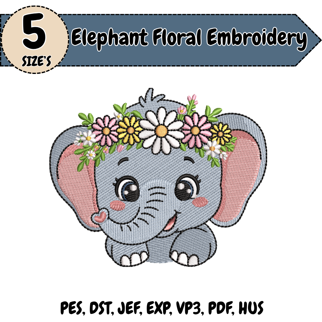 Elephant Embroidery Design, Cute Elephant Machine Embroidery File, Floral Baby Design