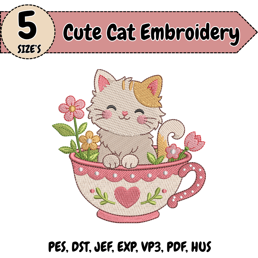 Cute Cat Embroidery Design, Cat in Teacup Machine Stitch File, Floral Tea Design