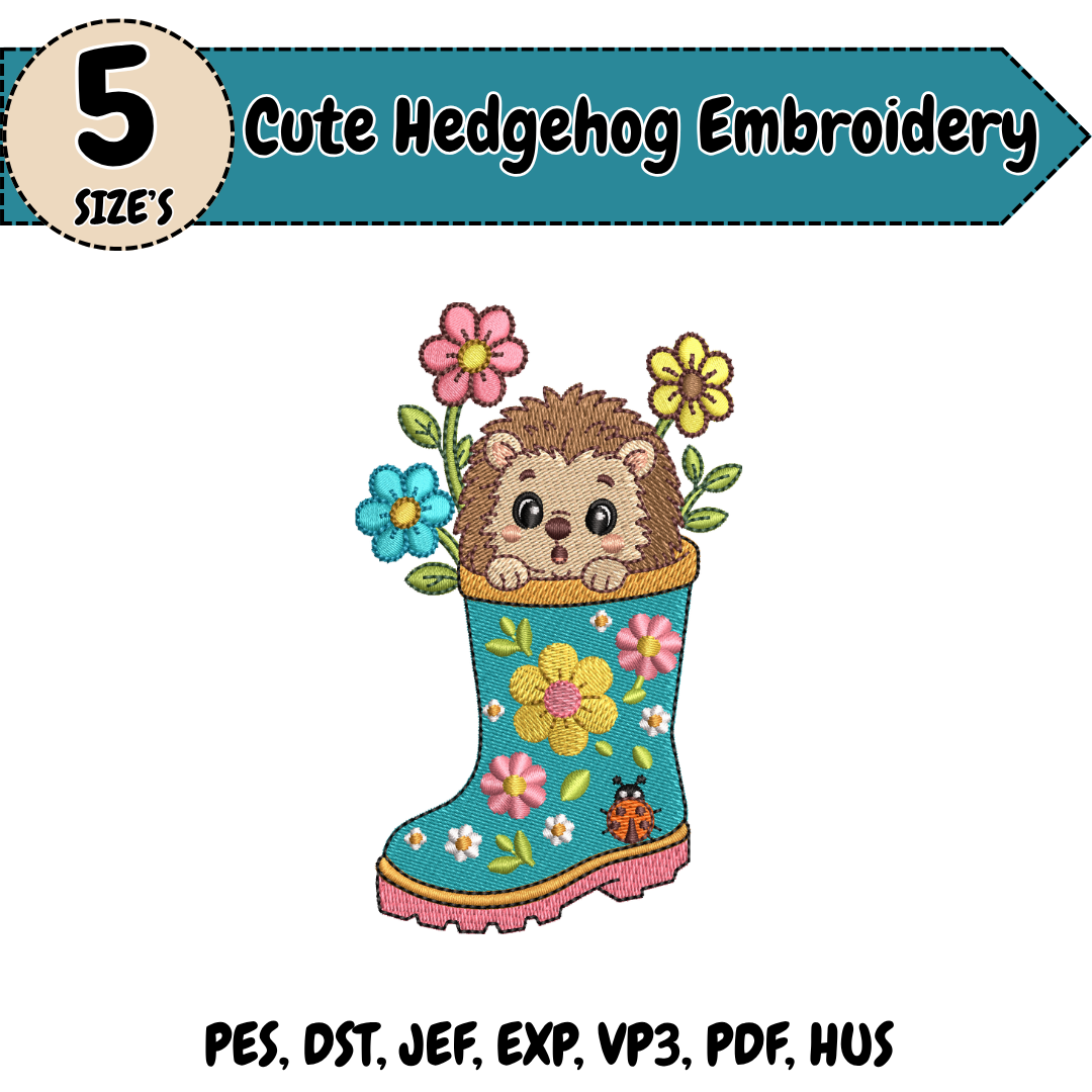 Cute Hedgehog Embroidery Design, Hedgehog Machine Stitch File, Floral Garden Boot Design