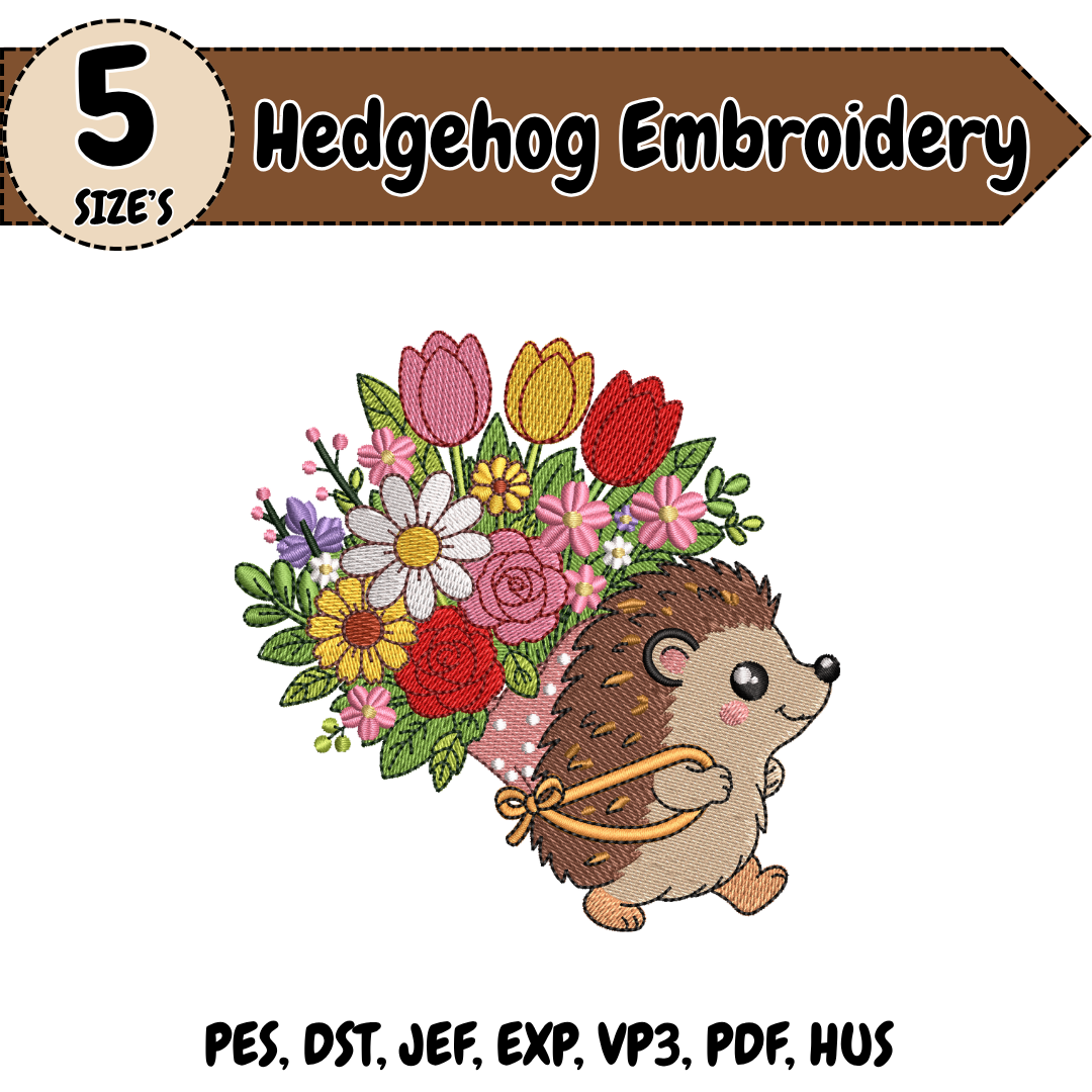 Hedgehog Embroidery Design, Cute Hedgehog Machine Embroidery File, Floral Animal Design