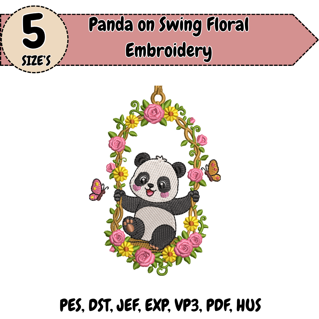 Panda Embroidery Design, Cute Panda Machine Embroidery File, Floral Swing Design