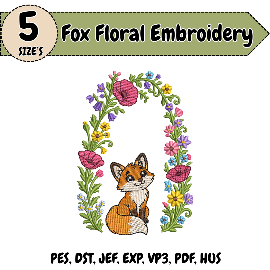 Fox Embroidery Design, Cute Fox Machine Embroidery File, Floral Woodland Design
