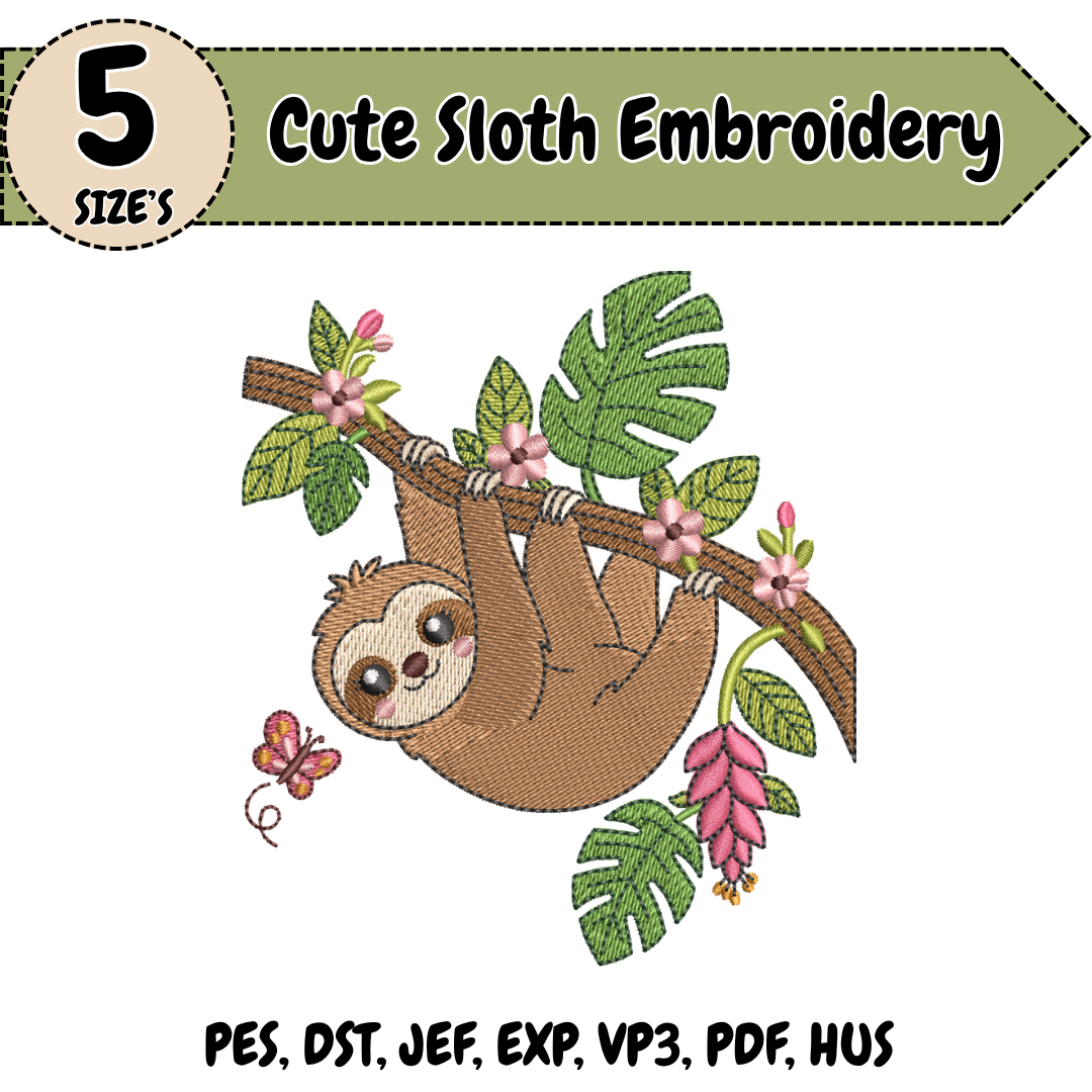 Cute Sloth Embroidery Design, Sloth Machine Stitch File, Tropical Leaf Floral Design