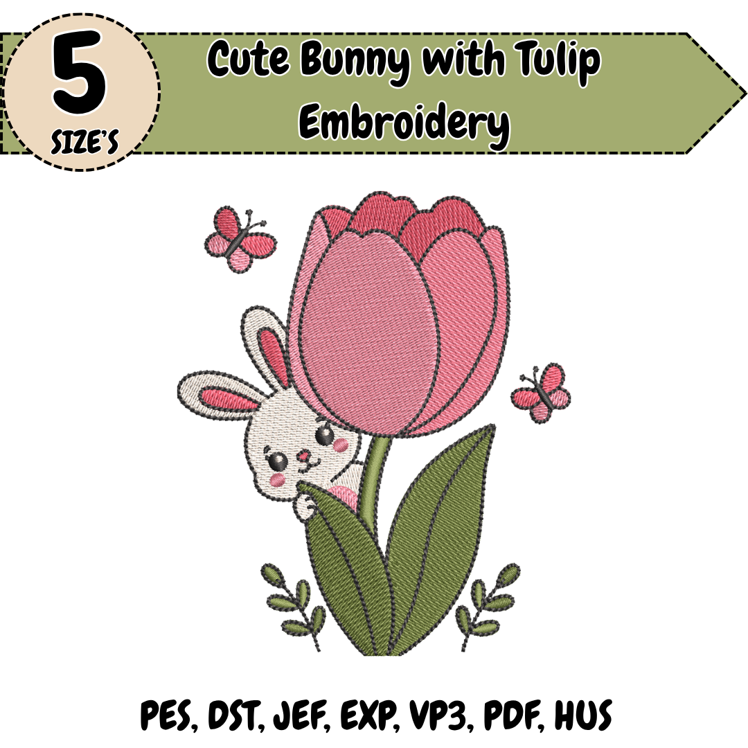 Bunny Embroidery Design, Cute Rabbit Machine Embroidery File, Floral Tulip Design