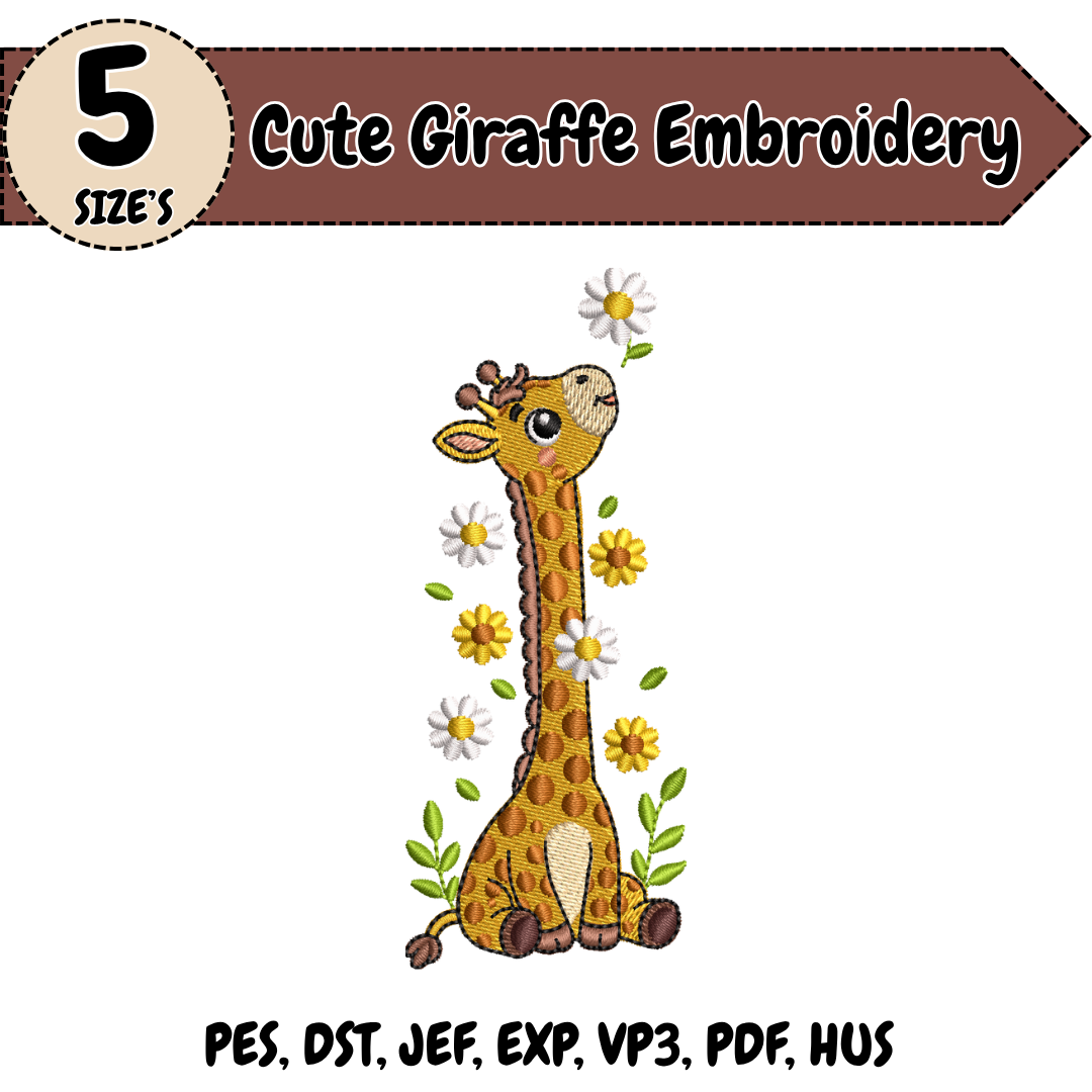 Cute Giraffe Embroidery Design, Baby Giraffe Machine Embroidery File, Safari Floral Design