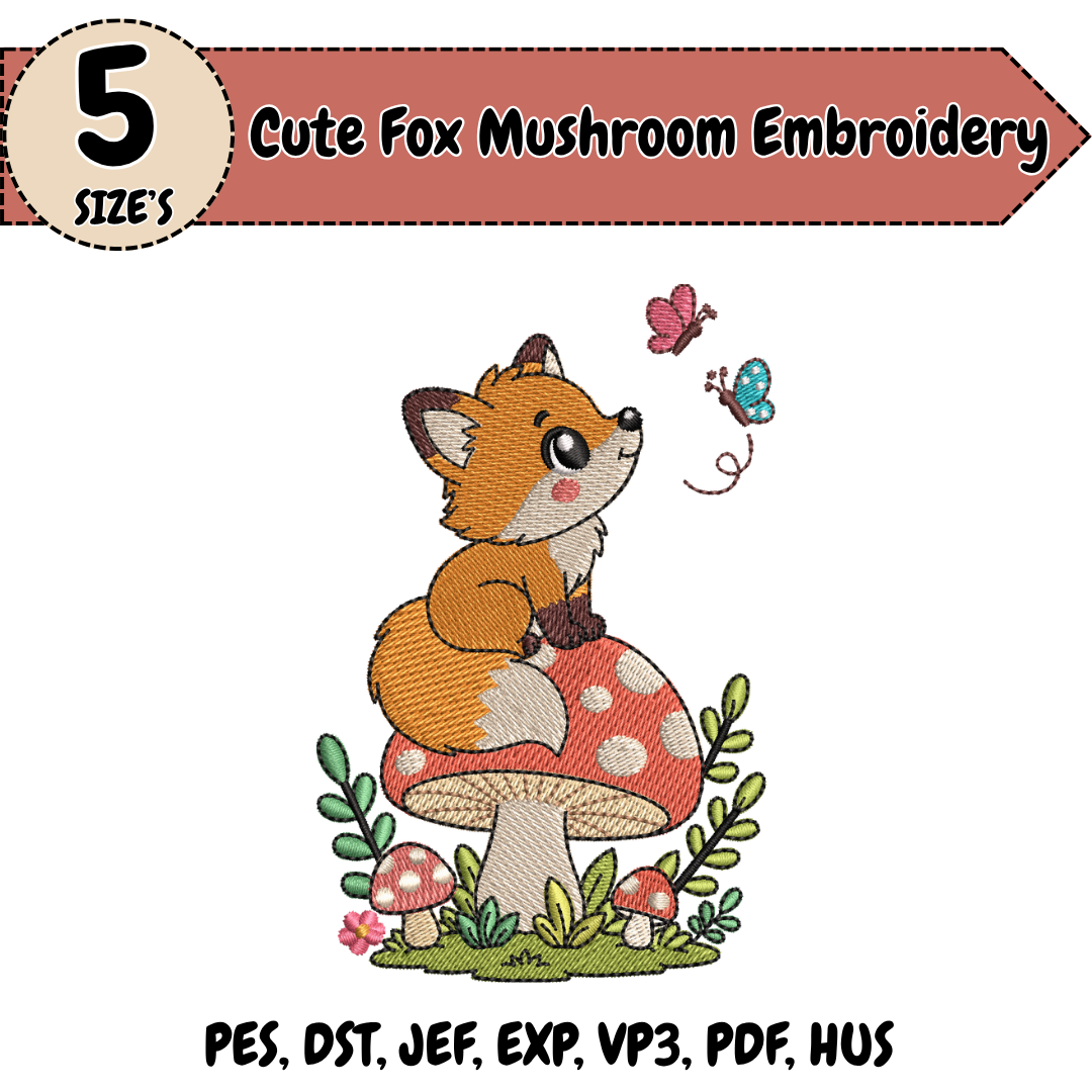 Fox Mushroom Embroidery Design, Cute Fox Machine Embroidery File, Woodland Animal Design