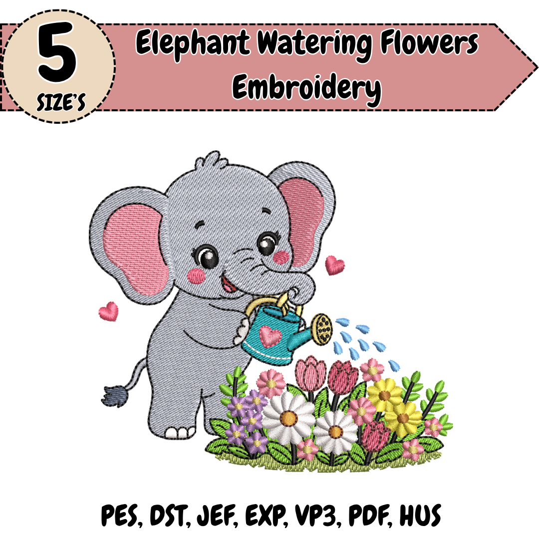 Elephant Watering Flowers Embroidery Design, Cute Elephant Machine Embroidery File