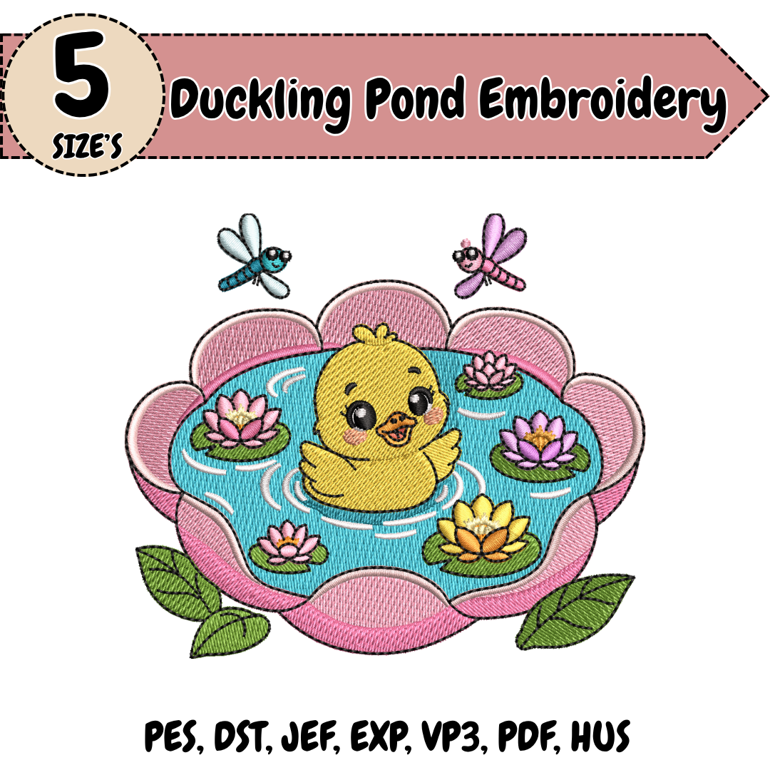 Duckling Pond Embroidery Design, Cute Duck Machine Embroidery File, Lotus Flower Design