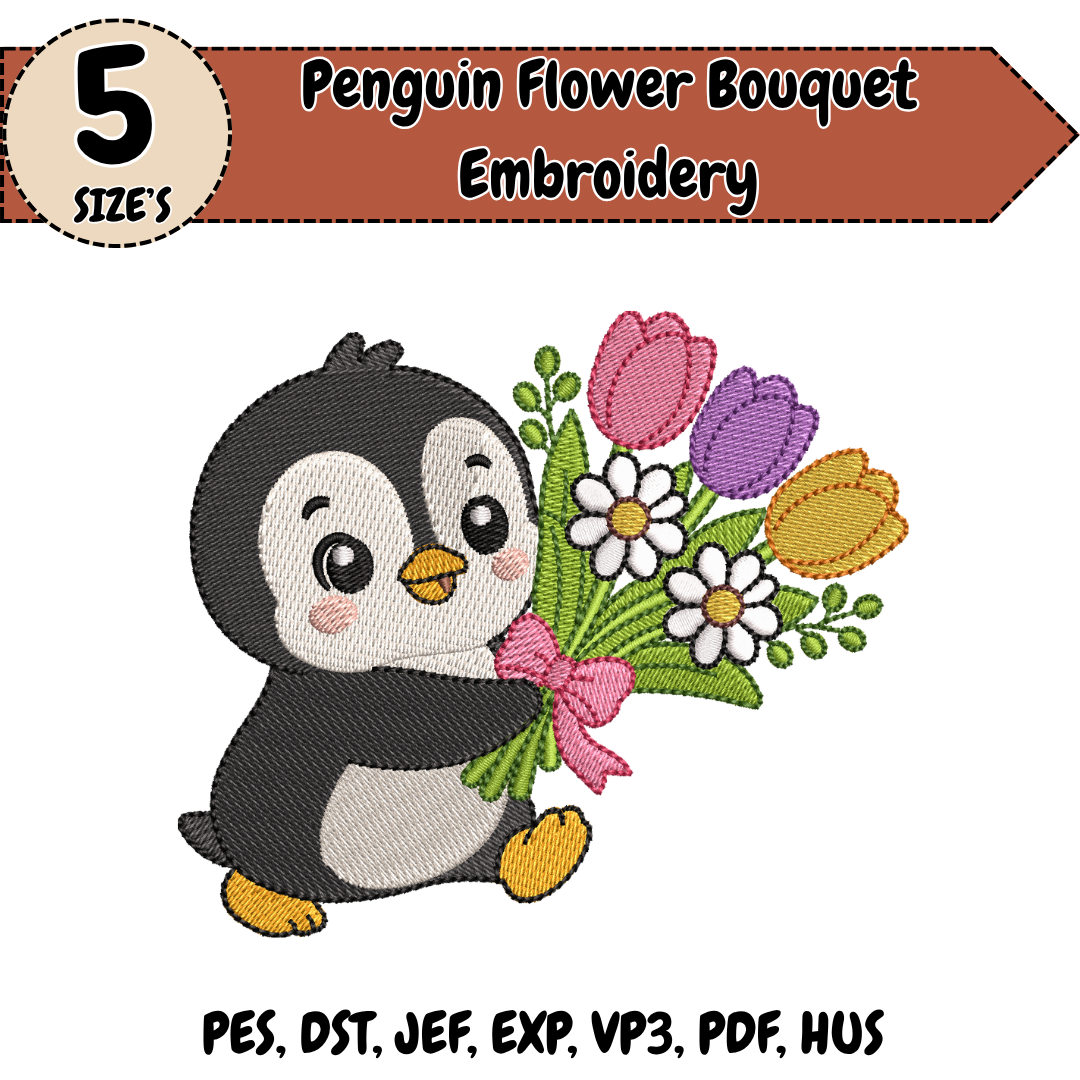 Penguin Flower Bouquet Embroidery Design, Cute Penguin Machine Embroidery File, Floral Animal