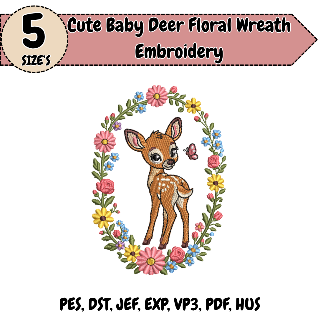 Baby Deer Embroidery Design, Floral Fawn Machine Embroidery File, Woodland Animal Design