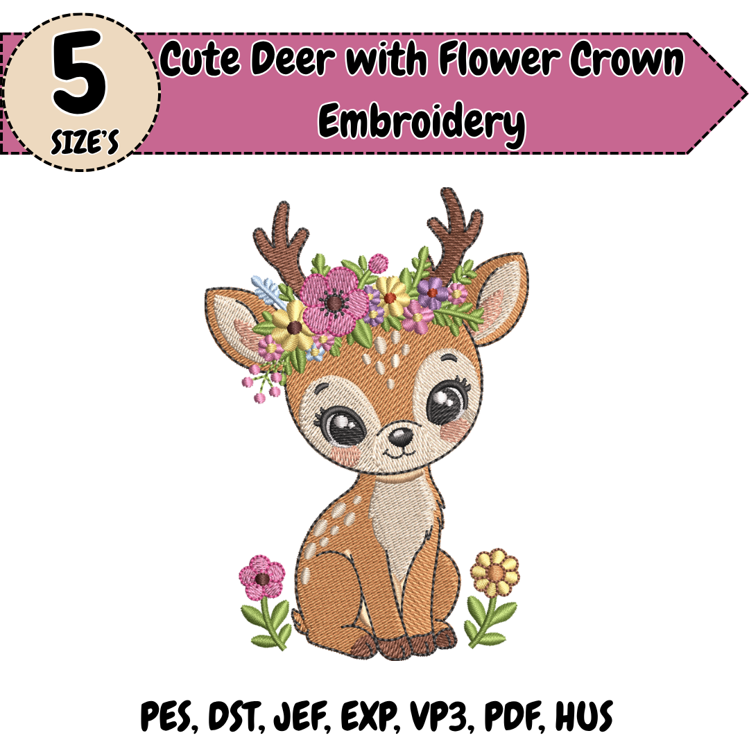 Cute Deer Embroidery Design, Flower Crown Deer Machine Stitch File, Woodland Embroidery