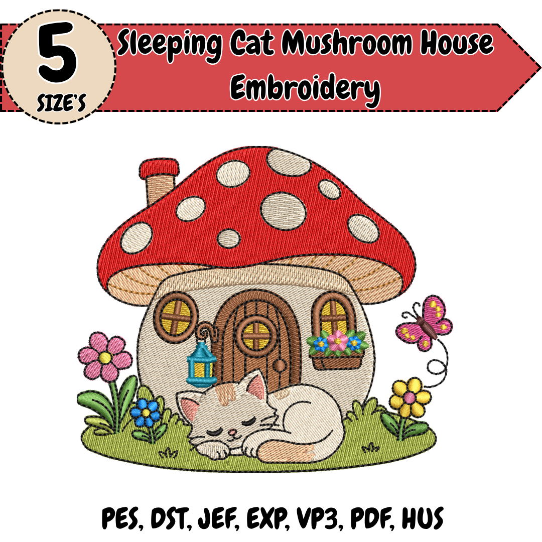 Sleeping Cat Mushroom House Embroidery Design, Cute Cat Machine Embroidery File