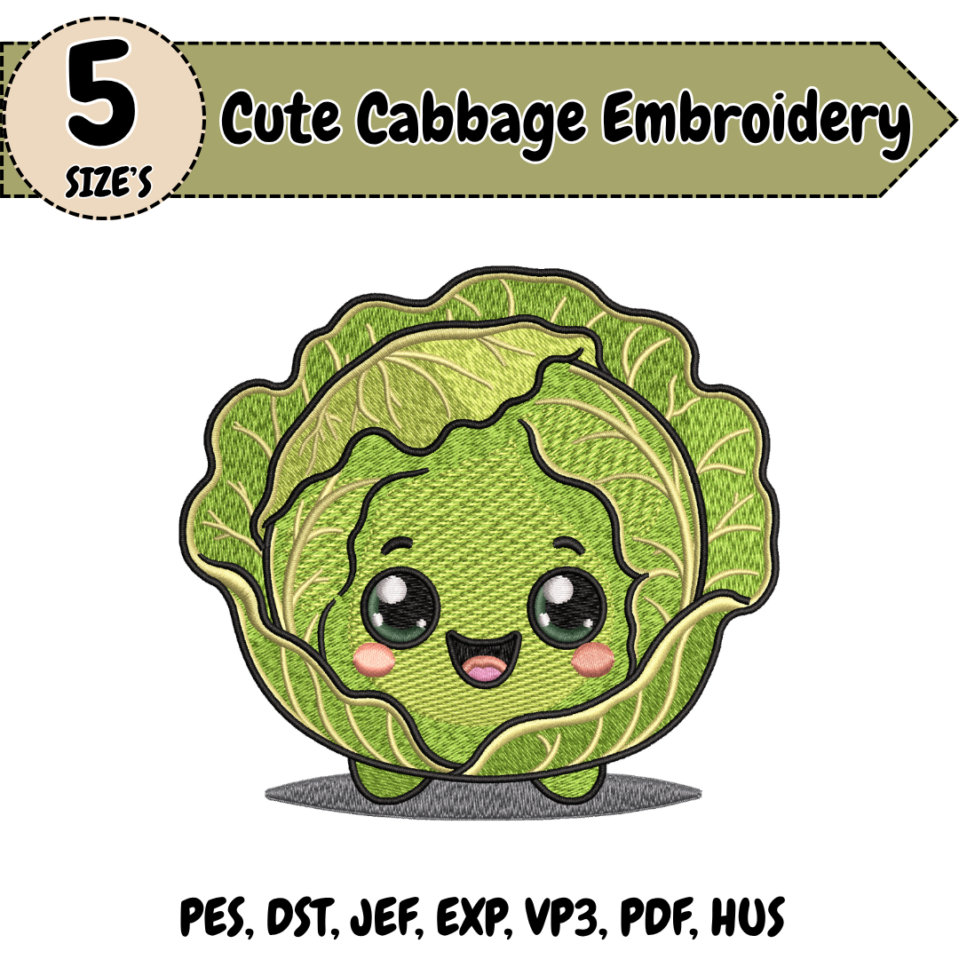 Cute Cabbage Embroidery Design, Kawaii Cabbage Machine Stitch File, Vegetable Embroidery