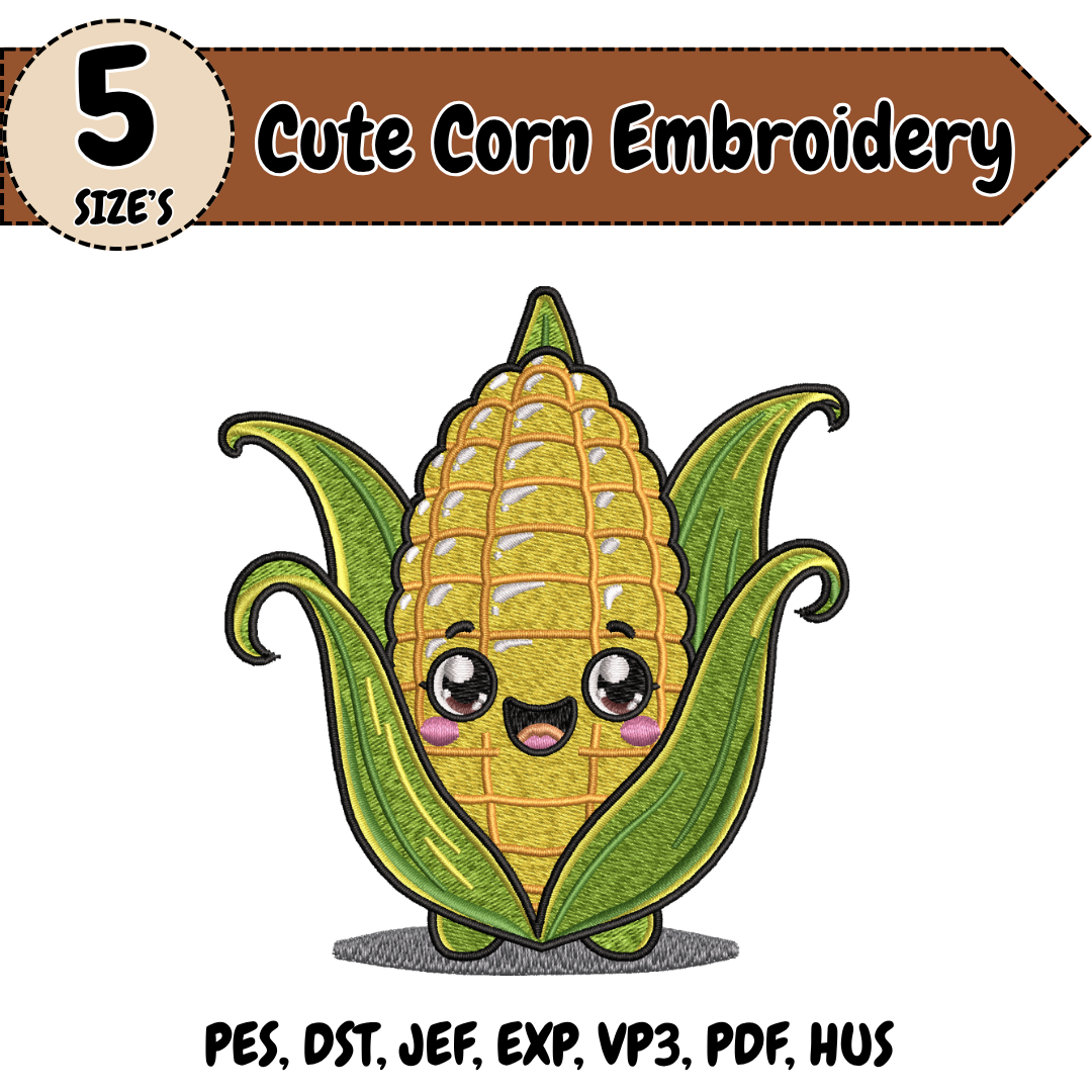 Cute Corn Embroidery Design, Kawaii Corn Machine Stitch File, Vegetable Embroidery