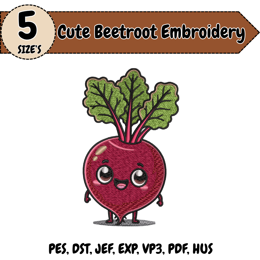 Cute Beetroot Embroidery Design, Beetroot Machine Stitch File, Kawaii Vegetable Embroidery Design