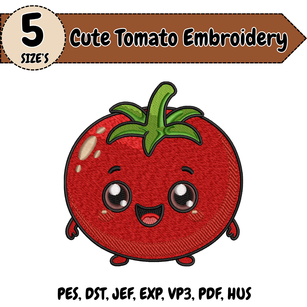 Cute Tomato Embroidery Design, Tomato Machine Stitch File, Kawaii Vegetable Embroidery Design