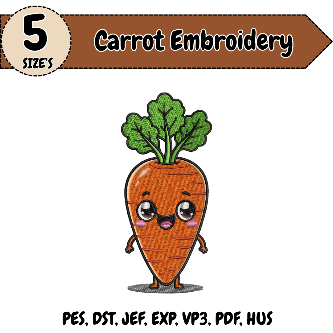 Carrot Embroidery Design, Cute Carrot Machine Embroidery File, Kawaii Vegetable Garden Design