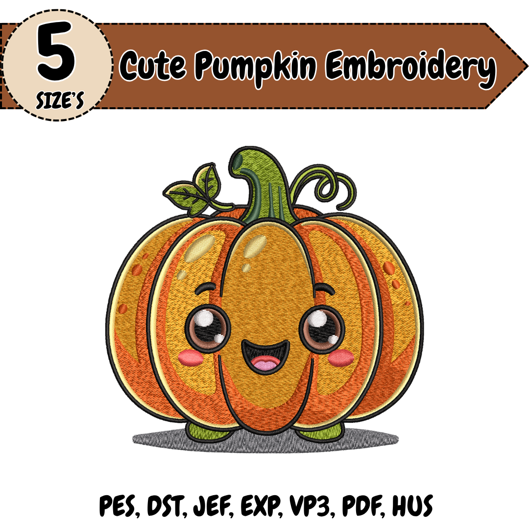 Cute Pumpkin Embroidery Design, Pumpkin Machine Stitch File, Kawaii Fall Embroidery Design