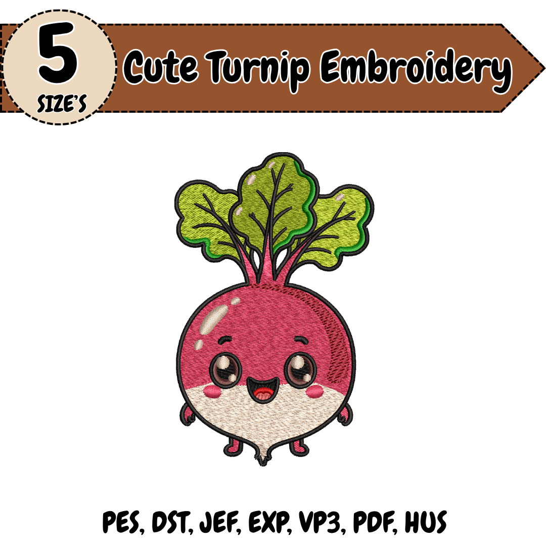 Cute Turnip Embroidery Design, Turnip Machine Stitch File, Kawaii Vegetable Embroidery Design