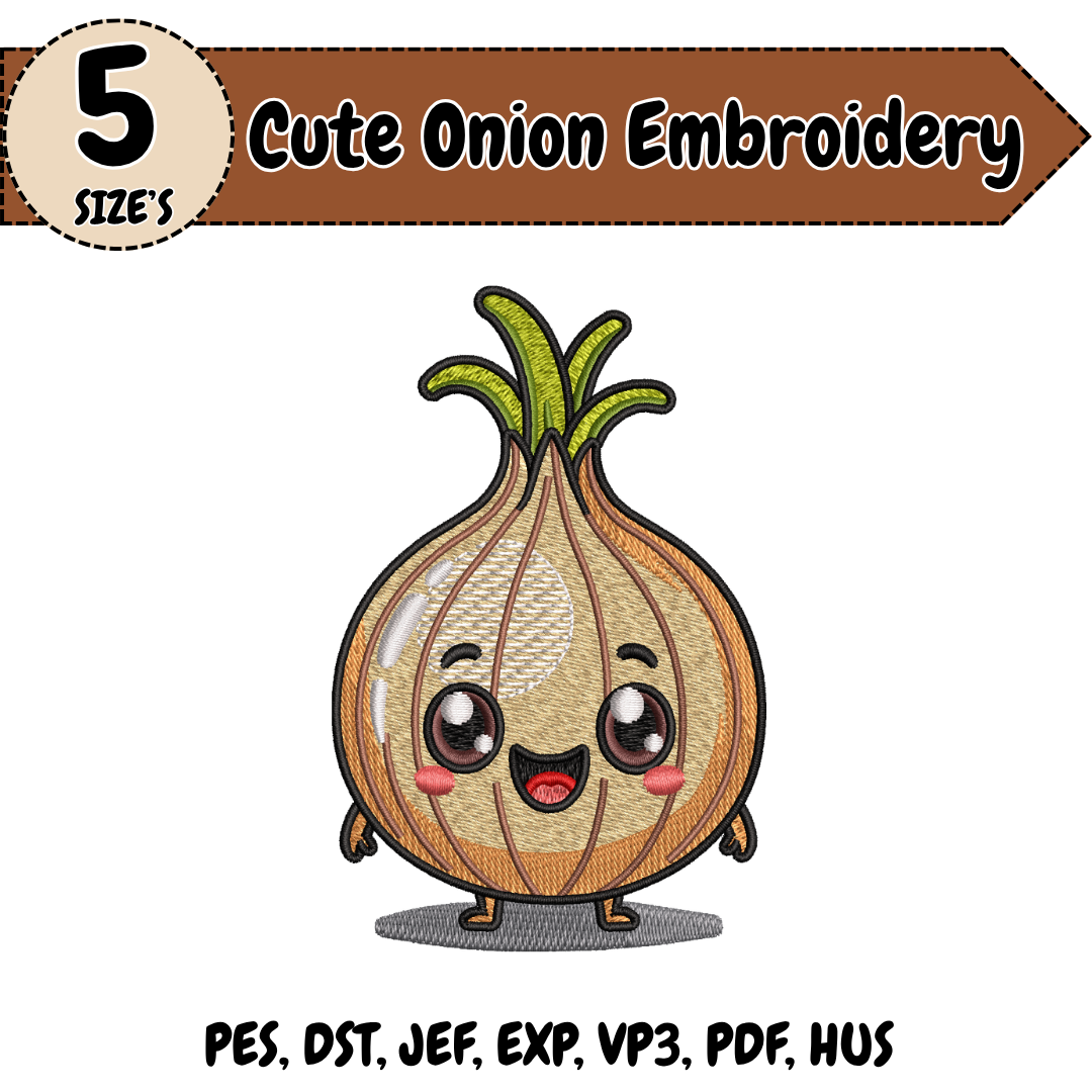 Cute Onion Embroidery Design, Onion Machine Stitch File, Kawaii Vegetable Embroidery Design