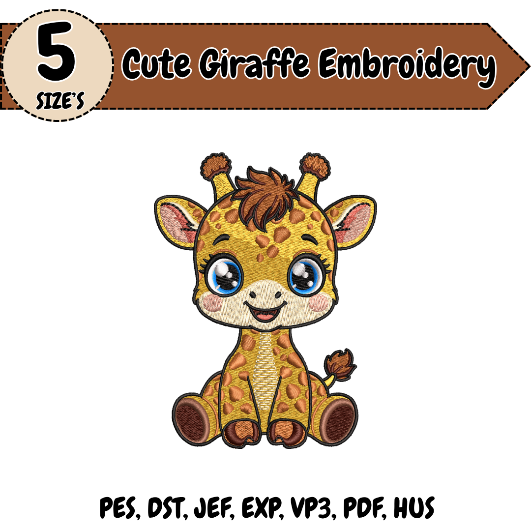 Cute Giraffe Embroidery Design, Baby Giraffe Machine Stitch File, Kawaii Safari Animal Design