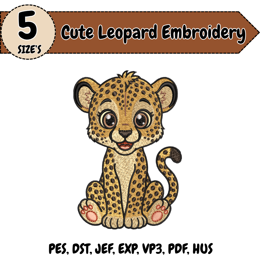 Cute Leopard Embroidery Design, Leopard Cub Machine Stitch File, Safari Animal Embroidery Design