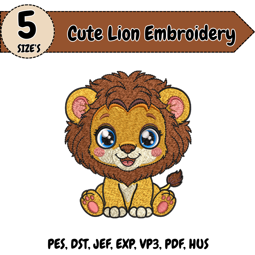 Cute Lion Embroidery Design, Lion Cub Machine Stitch File, Safari Animal Embroidery Design for Kids