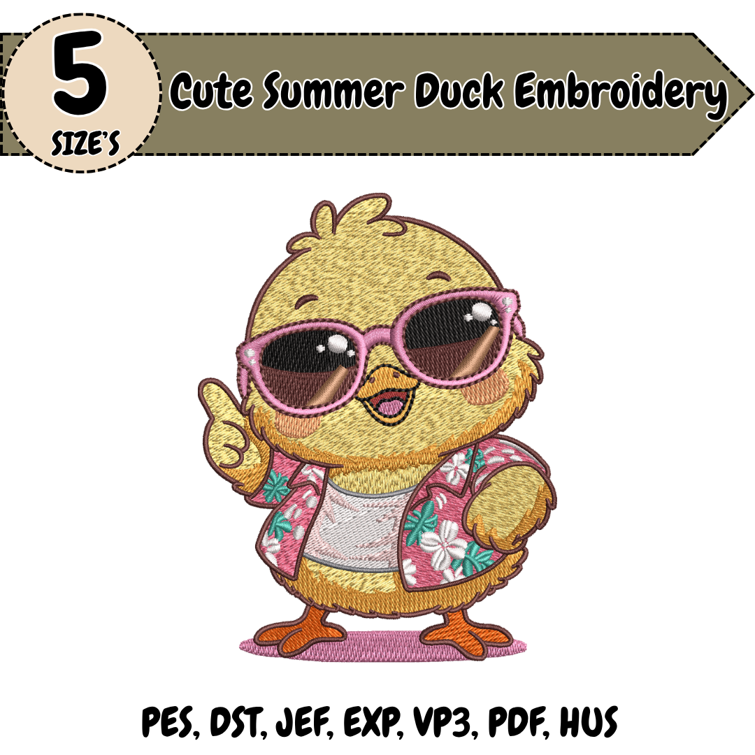 Cute Summer Duck Embroidery Design, Duck Machine Stitch File, Tropical Floral Vacation Sunglasses