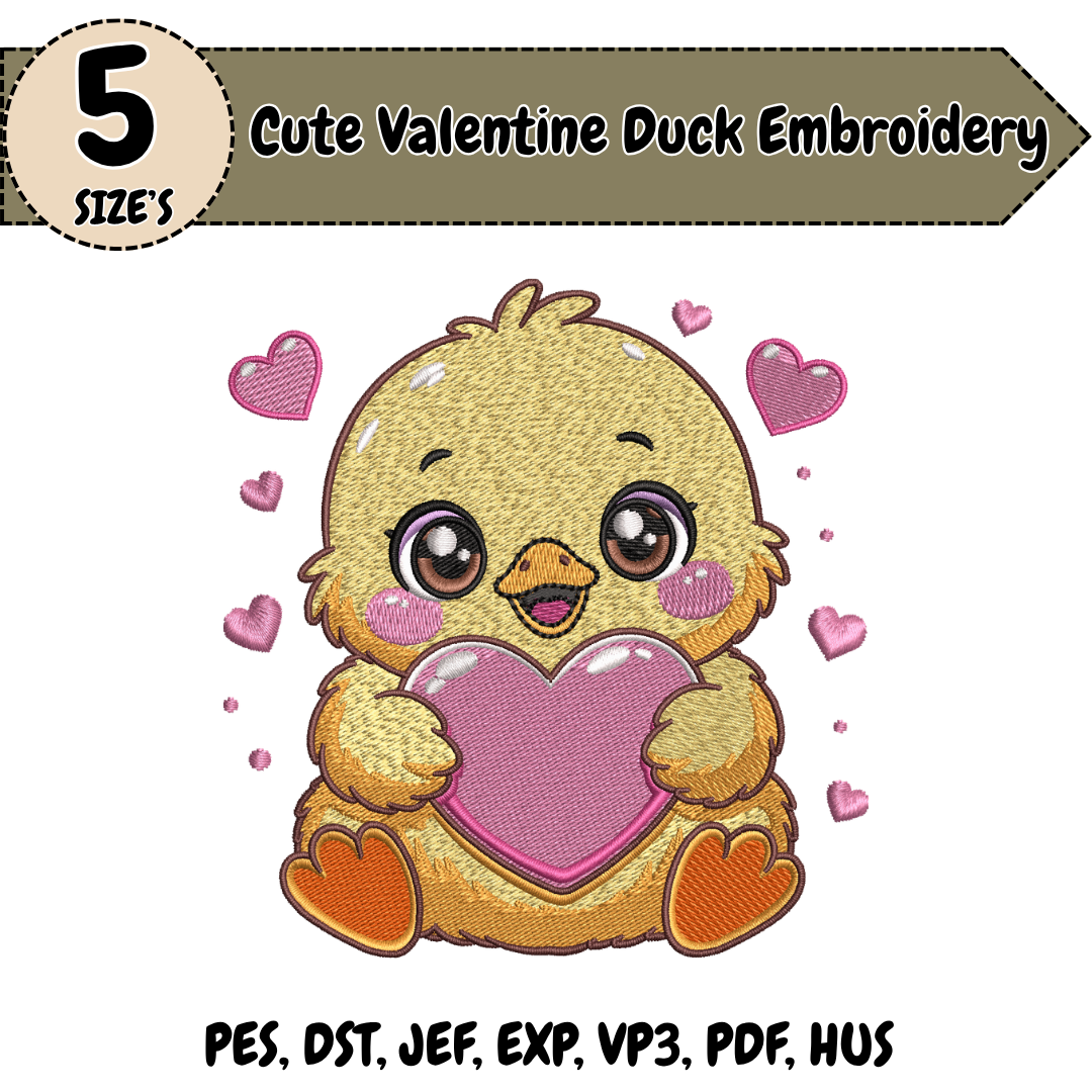 Cute Valentine Duck Embroidery Design, Heart Duck Machine Stitch File, Kawaii Love Chick Embroidery