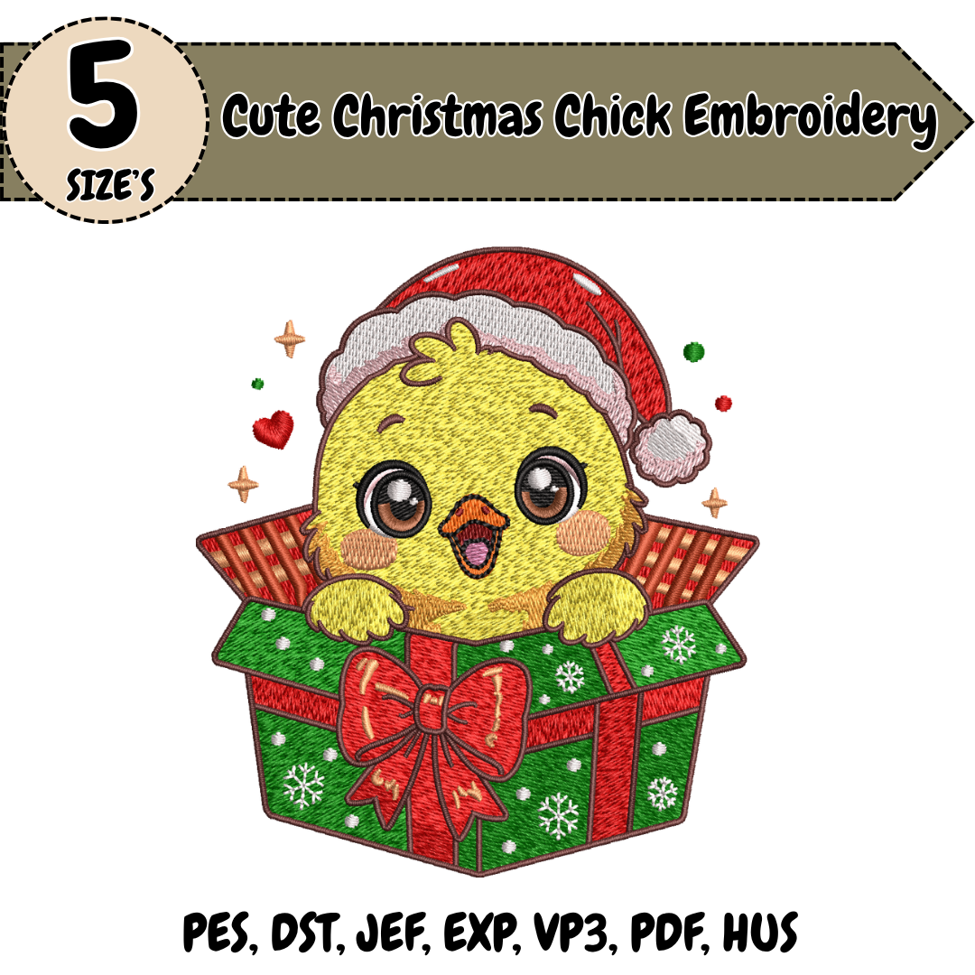 Cute Christmas Chick Embroidery Design, Duck Machine Stitch File, Christmas Gift Box Holiday