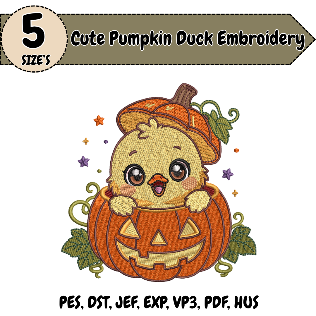 Cute Pumpkin Duck Embroidery Design, Halloween Chick Machine Stitch File, Fall Pumpkin Embroidery
