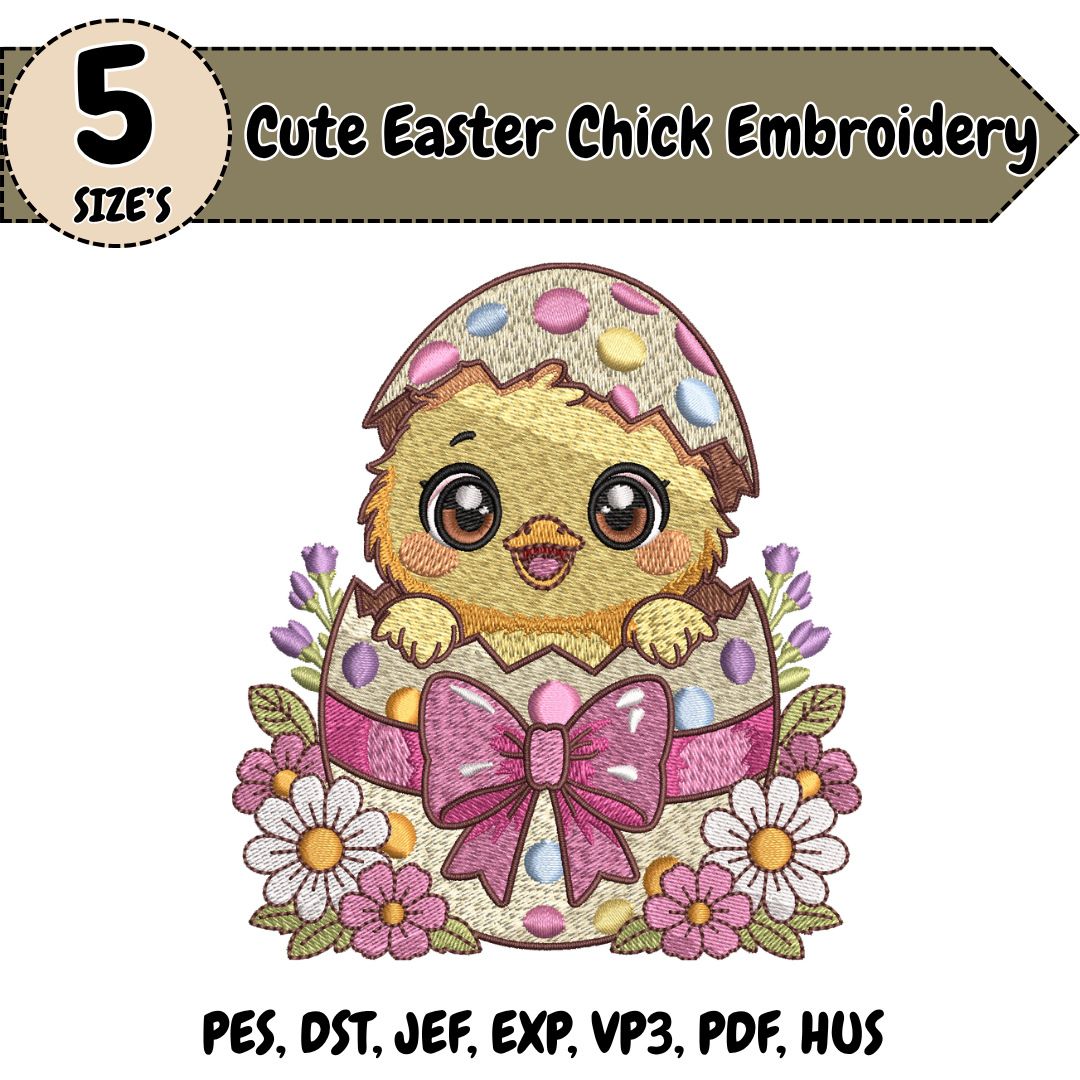 Cute Easter Chick Embroidery Design, Duck Machine Stitch File, Easter Egg Bow Floral Embroidery