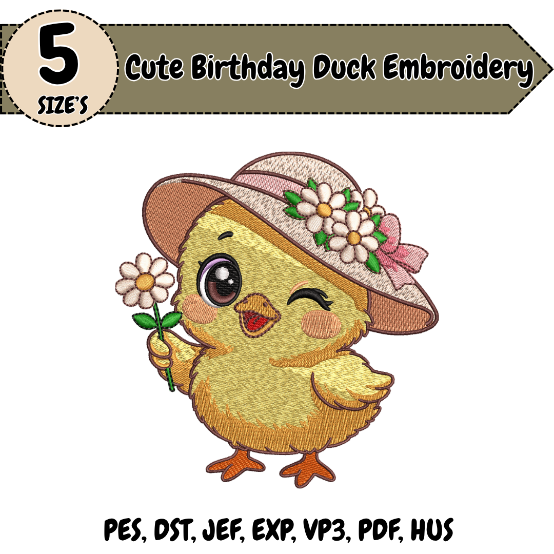 Cute Duck Embroidery Design, Flower Duck Machine Embroidery File, Floral Baby Spring Animal Design