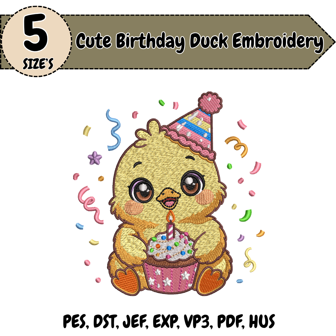 Cute Birthday Duck Embroidery Design, Duck Machine Embroidery File, Party Hat Cake Kids Design