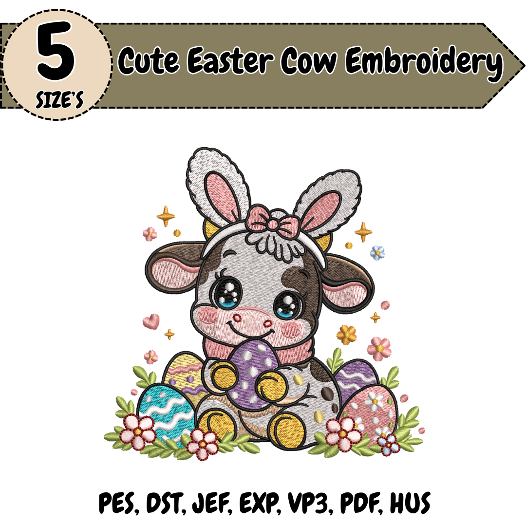 Cute Easter Cow Embroidery Design, Cow Machine Embroidery File, Easter Bunny Ears Farm Design