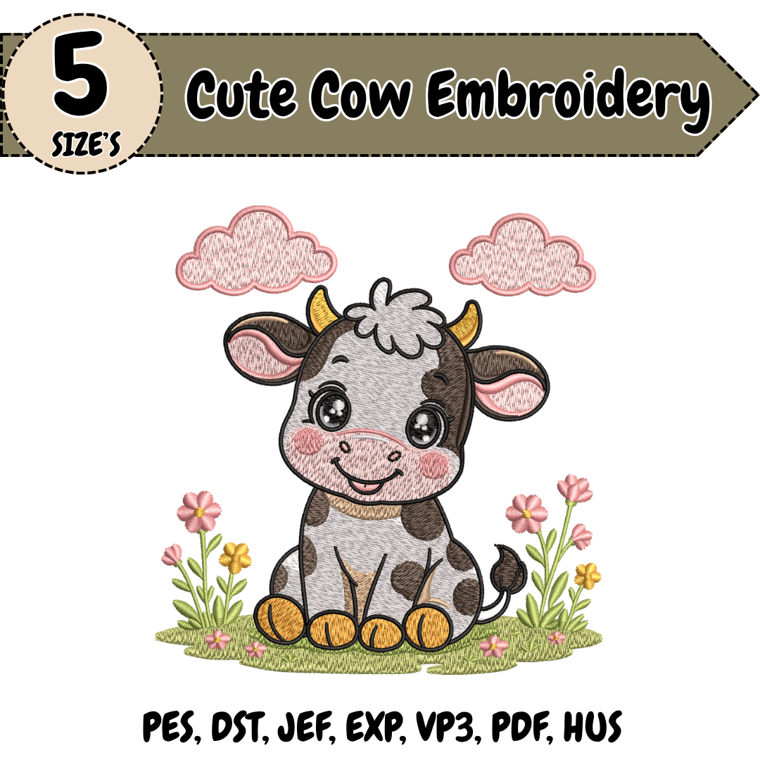 Cow Embroidery Design, Cute Cow Machine Stitch File, Farm Animal Nursery Farmhouse Design